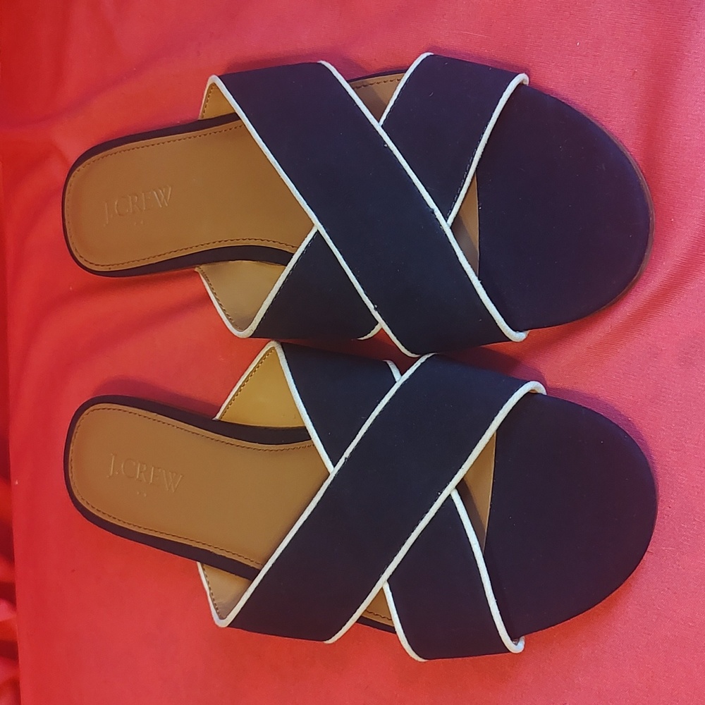 J. Crew Navy Crisscross Slide Sandals with White Trim